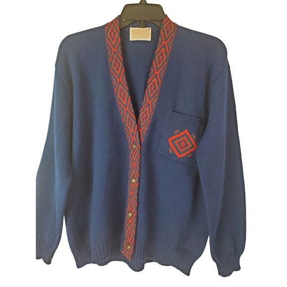 Pendleton Sweaters - Vintage Pendleton Womens Blue Red 100% Virgin Wool Cardigan Collegiate Preppy LS